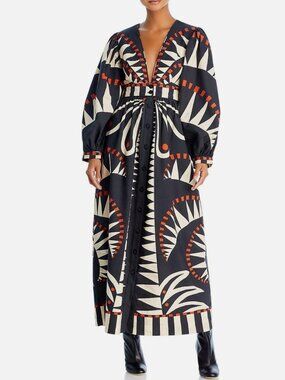 NWT FARM Rio, Coconut Grove Black V Neckline, Puffed Sleeve Maxi Dress Women's M